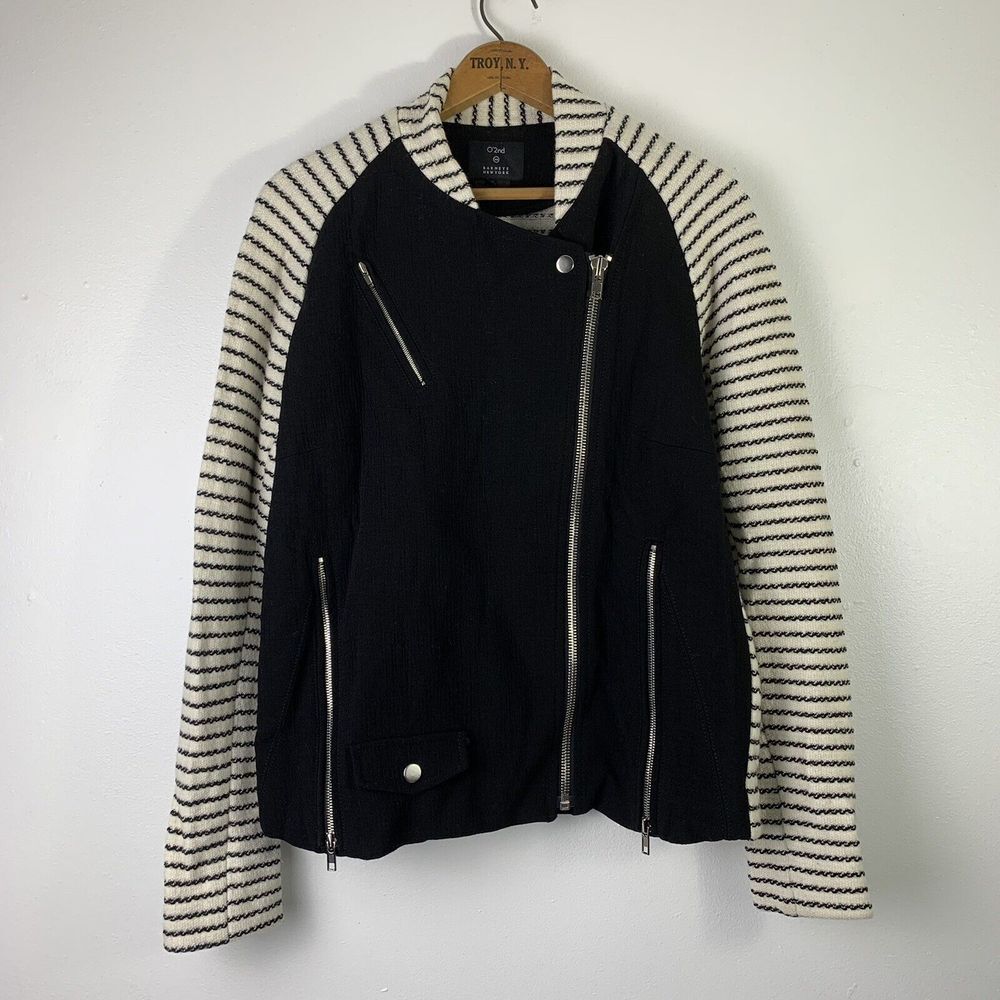 O'2nd Barneys New York Moto Jacket Womens 2 Asymmetric Striped Zippers Wool
